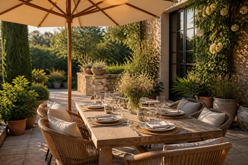 Aménager un coin repas extérieur : table, ombrage, convivialité