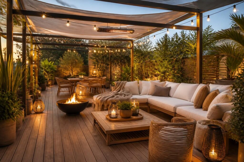 découvrez comment aménager une terrasse confortable toute l'année grâce à des solutions d'ombrage, de chauffage et de décoration adaptées à chaque saison.