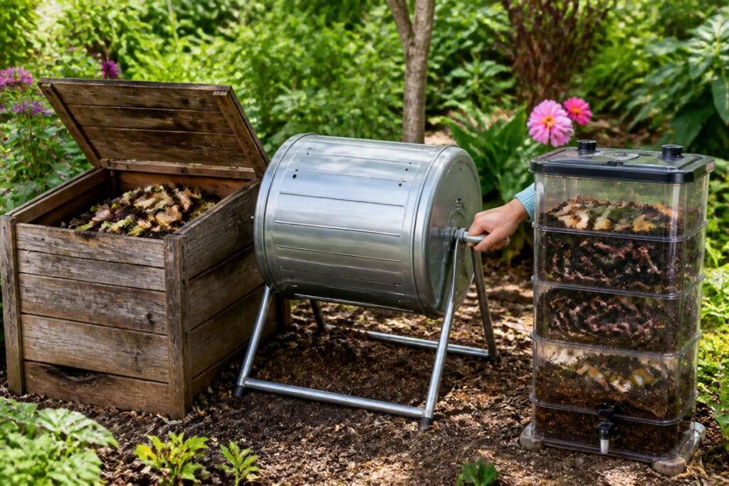 découvrez comment choisir le composteur idéal parmi le bac, le composteur rotatif ou le lombricomposteur pour un jardinage écologique et efficace.